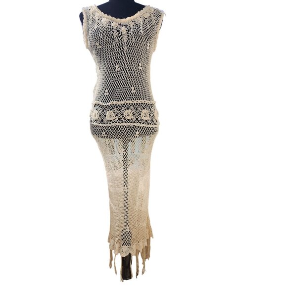 Luxury Stylish Knit Designer Crochet Knitted Maxi Fringes Flowers Dress Tunic NW - Picture 8 of 11